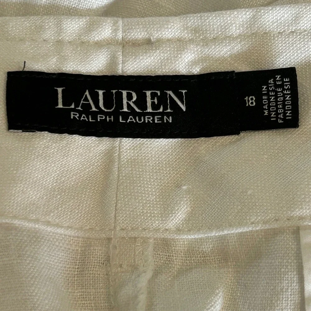 Lauren Ralph Lauren White 100% Linen Belted Cropped Pants Womens 18 Patch Pocket